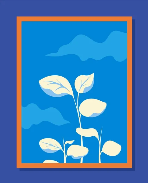 植物壁アート 葉と植物は雲と青空に対して ミニマルなトレンディーな創造性と芸術 アパートや家のための装飾要素 漫画フラットベクトルイラスト — ストックベクタ