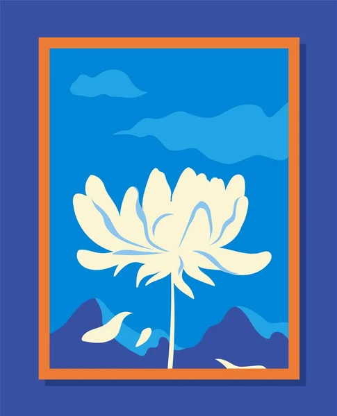 植物壁アート 青い空 美学と優雅さに対する花の白いシルエット 最小限の創造性と芸術 ポスターやバナー 漫画フラットベクトルイラスト — ストックベクタ
