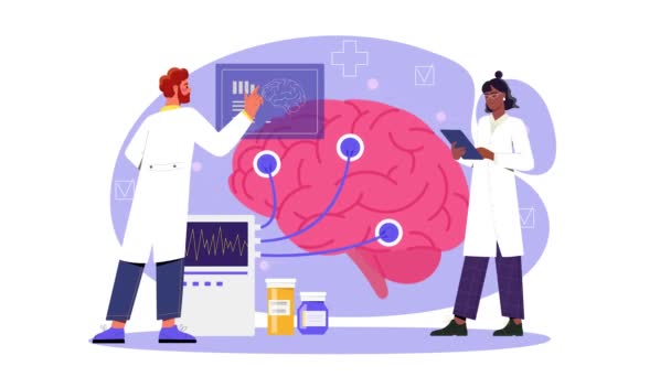 Neurologie Studium Konceptu Lidského Mozku Pohybující Muži Ženy Lékaři Nebo — Stock video