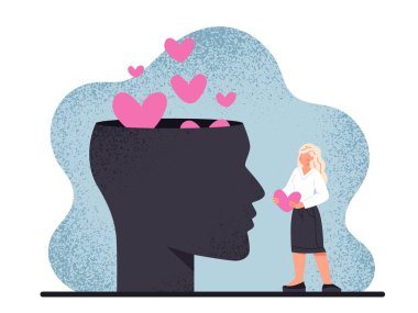 Woman with head silhouette. Young girl holds heart in her hands. Mindfulness, mental health and psychology. Serenity and inner peace, wellbeing. Cartoon flat vector illustration clipart