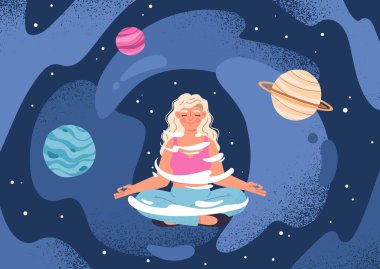 Uzayda meditasyon yapan biri. Genç kız, yıldızların ve gezegenlerin önünde lotus pozisyonunda oturuyor. Galaksi, evren ve evren. Ruhani sakinlik uygulaması. Çizgi film düz vektör çizimi
