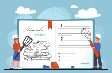 Yemek tarifi kitabı konsepti. Karıştırıcısı olan bir adam ve spatulası olan bir kadın. Acemi aşçılar malzemeleri yazar. Böğürtlenli krep için hazırlık adımları. Hazırlık ve öğrenme. Çizgi film düz vektör çizimi