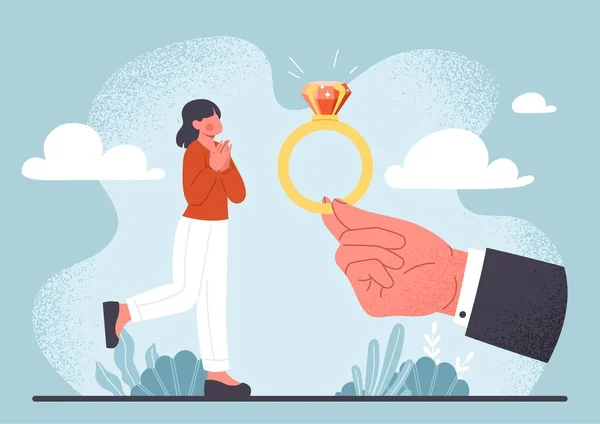 Heiratsantrag Konzept Männliche Hand Anzug Reicht Der Frau Einen Goldring — Stockvektor