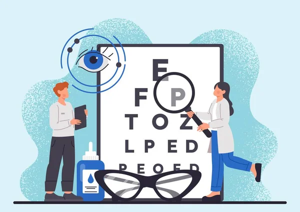 眼科医生的概念 眼镜和信件旁边有百叶窗的男人和女人 视力的矫正和屈光者的选择 视力测试 卡通平面矢量插图 — 图库矢量图片