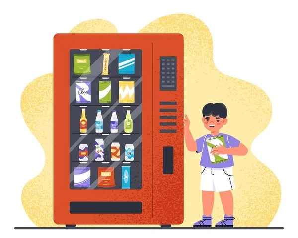 スナック自動販売機 チップを手にした少年は チョコレートバーと機械のソーダを見ています 貿易と広告 マーケティング サンドイッチ ビスケット ジュース 漫画フラットベクトルイラスト — ストックベクタ