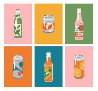 İçki retro posterleri. Kutularda ve cam şişelerde ferahlatıcı soğuk içecekler koleksiyonu. Soda ya da meyve suyu. Reklam ve pazarlama. Beyaz arkaplanda izole edilmiş çizgi film düz vektör çizimleri