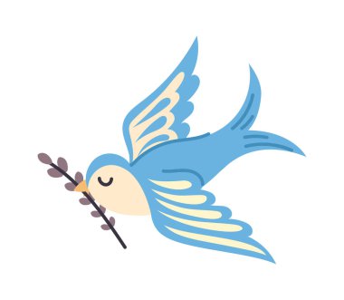 Dallı mavi kuş. Gagasında bitki olan tüylü bir hayvan. Sosyal ağlar ve kuryeler için etiket. Biyoloji ve kuşbilim. Doğa ve vahşi yaşam. Çizgi film düz vektör çizimi