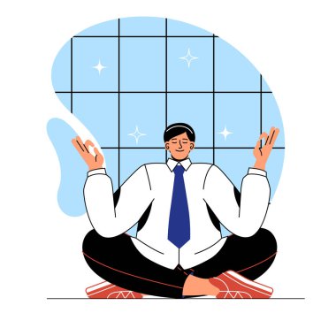 Adam ofiste meditasyon yapıyor. Takım elbiseli genç adam. İç uyum ve denge, rahatlama. Aktif ve sağlıklı yaşam tarzı ve spor, yoga ve esneme. Çizgi film düz vektör çizimi