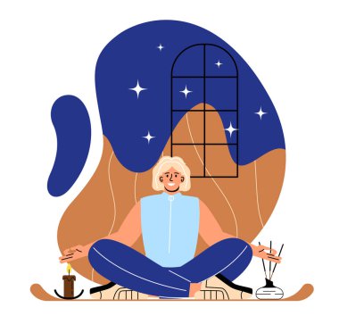 Kadın evde meditasyon yapıyor. Mumların yanındaki genç kız perdelerin arkasında. Aktif yaşam tarzı ve spor. İç uyum ve denge, sükunet ve sakinlik. Çizgi film düz vektör çizimi