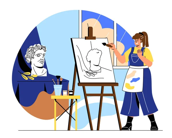 艺术家在画架 拿着刷子的女人用大理石半身像画图 工作室里的天才艺术家创造力和艺术 学习和教育 卡通平面矢量插图 — 图库矢量图片