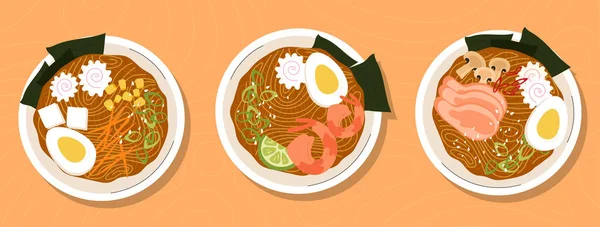 Sammlung Von Ramen Set Koreanischer Traditioneller Speisen Nudeln Mit Und — Stockvektor