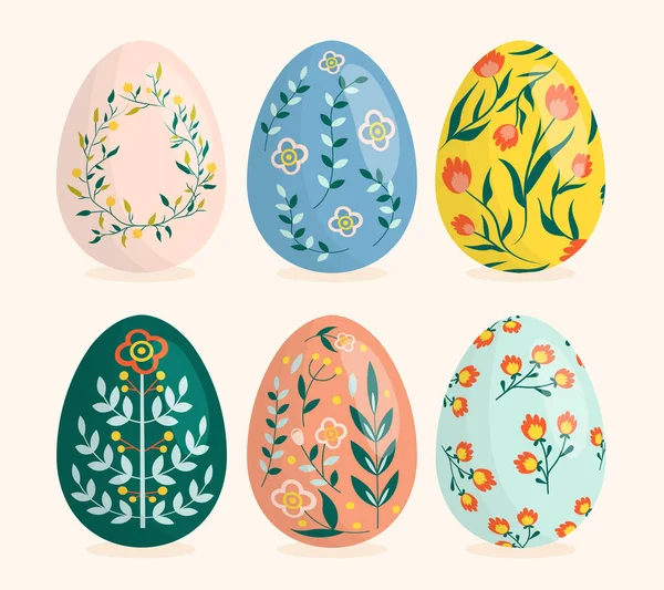 stock vector Colored Easter eggs set. Collection of natural products in coloring with flowers. Symbol of spring traditional religious holiday. Cartoon flat vector illustrations isolated on white background