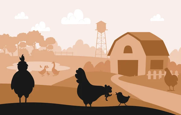 Farm Táj Sziluett Csirkék Madarak Férgekkel Csőrükben Pajta Hátterében Gazdálkodás — Stock Vector