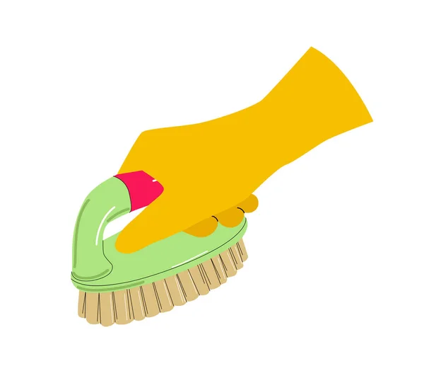 ゴム手袋で手 女性は表面をきれいにするためのブラシで手 清潔と衛生 家事とルーチン ラテックスアクセサリー 漫画フラットベクトルイラスト — ストックベクタ