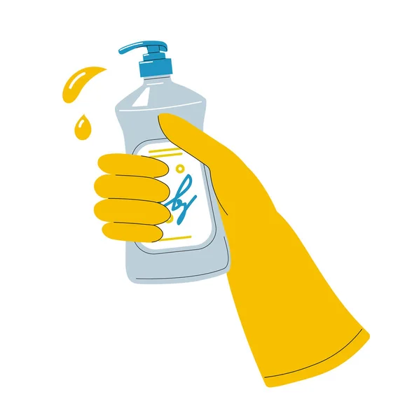 ゴム手袋で手 女性の手は 清潔で表面スプレーを保持しています 清潔と衛生 ウェブサイトのポスターやバナー 漫画フラットベクトルイラスト — ストックベクタ