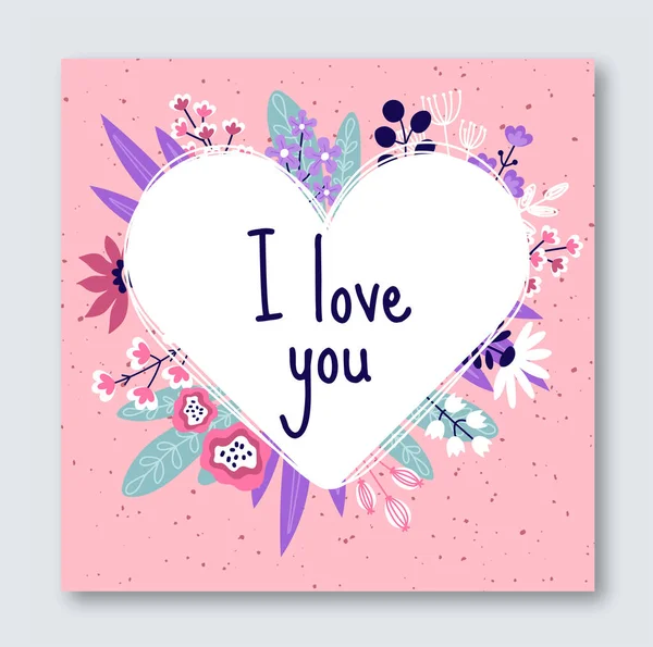 Kocham Cię Kwiatowa Kartko Pozdrawiam Pocztówkę Walentynki Ślub Sylwetka Serca — Wektor stockowy