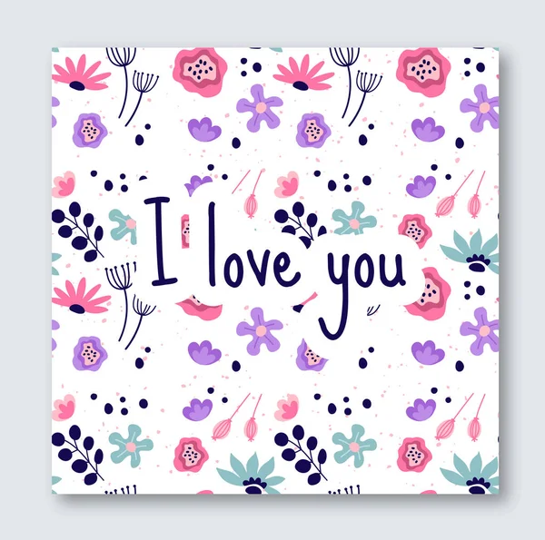 Kocham Cię Kwiatowa Kartko Pozdrawiam Pocztówkę Walentynki Ślub Płynny Wzór — Wektor stockowy