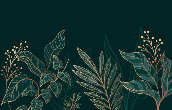 Leaves golden background. Aesthetics and elegance, luxury. Symbol of spring and summer season. Linear ornament with foliage. Monstera plant line art pattern. Flat vector illustration
