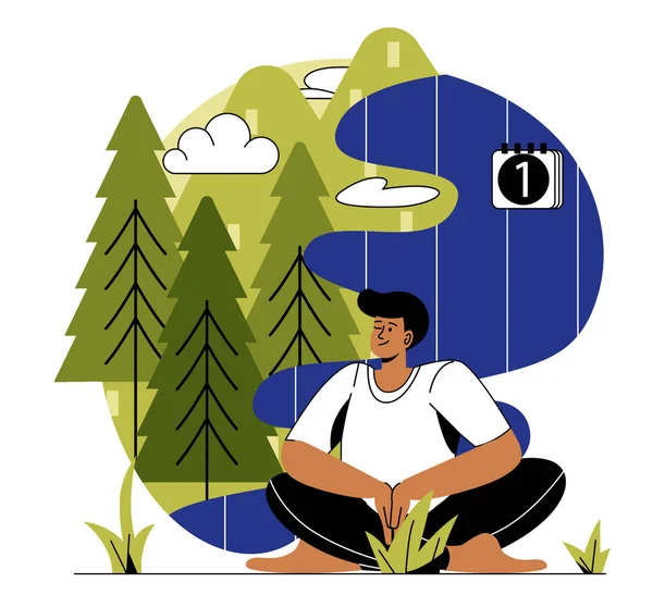 Hombre Medita Naturaleza Joven Sentado Bosque Descanso Concentración Meditación Armonía — Vector de stock