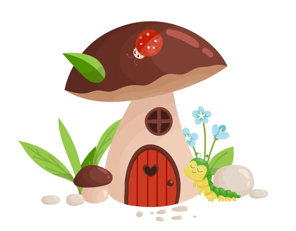 Mushroom House Concept Caterpillar Ladybug Fabulous Fictional Building Imagination Fantasy — Stock Vector