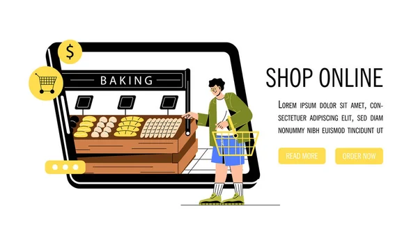 Shopping Online Banner Man Basket Chooses Goods Smartphone Screen Bakery — Stock Vector