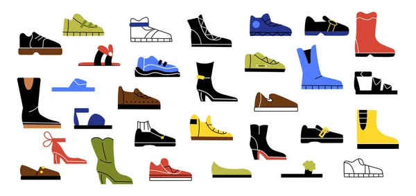 Ein Satz Schuhe Kollektion Farbenfroher Turnschuhe Damen Und Herrenschuhe Und — Stockvektor