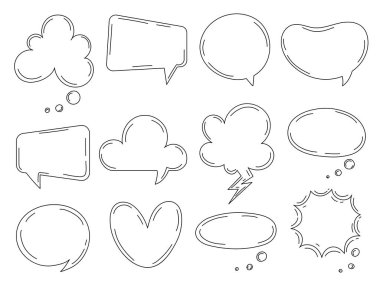 Baloncuk konuşma seti. Çizgi roman için tasarım öğeleri. Karakterler arasındaki iletişim ve etkileşim. Boş bulutlar ve metin için boş alan. Beyaz arkaplanda izole edilmiş doğrusal düz vektör koleksiyonu