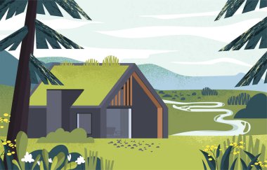 Modern kır evi. Ormanın yanındaki açıklıkta bir bina. Güzel bir doğal manzara ve kırsal alan. Yazın ya da ilkbaharda nehir ve ağacın yanında bir ev. Çizgi film düz vektör çizimi