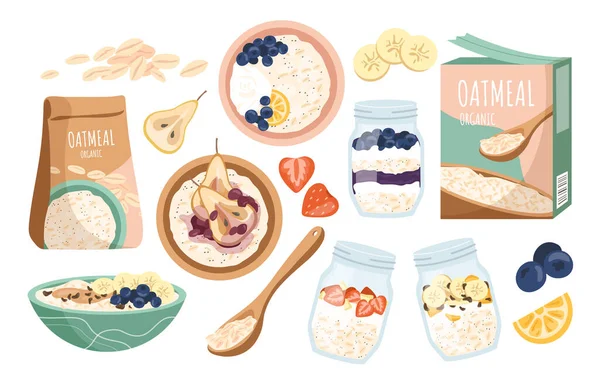 Oatmeal Breakfast Set Morning Healthy Breakfast Cereals Porridge Milk Fruits — Stock Vector