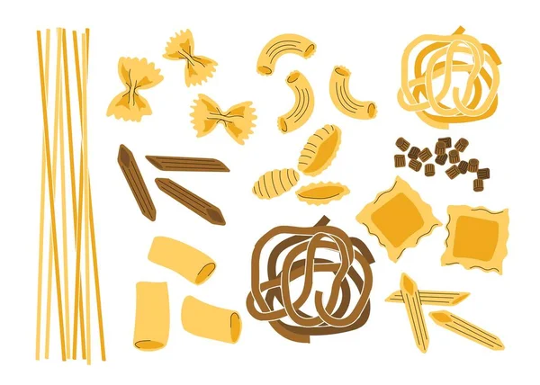 Pasta Types Set Macaroni Spaghetti Made Flour Buckwheat Traditional Italian — Stock Vector