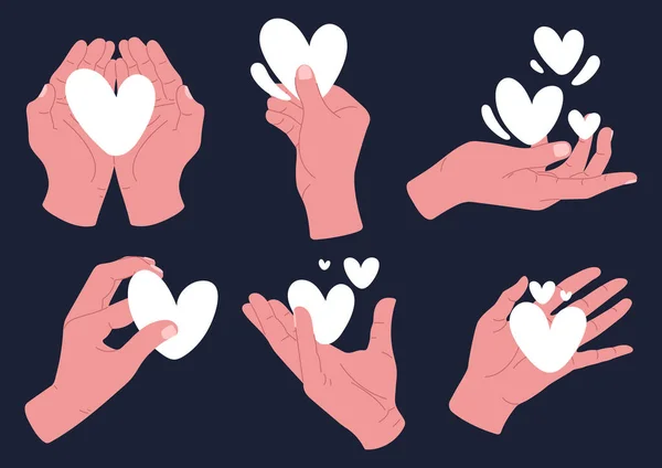 Conjunto Mãos Segurando Coração Amor Romance Generosidade Caridade Emoções Sentimentos — Vetor de Stock