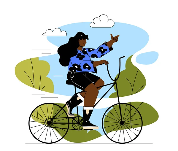 Mujer Bicicleta Chica Joven Entra Los Deportes Paseos Transporte Respetuoso — Vector de stock