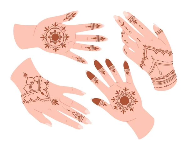 Hand Met Henna Tattoo Set Mystiek Esoterie Occultisme Religieuze Patronen — Stockvector
