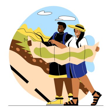 Arkeolojik kazı konsepti. Elinde harita olan adam ve kadın hazine ya da fosil arıyorlar. Paleontoloji ve arkeoloji. Doğadaki kaşifler ya da bilim adamları. Çizgi film düz vektör çizimi