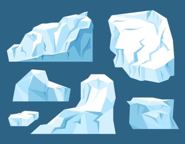 Kutup buzulları. Kışın sembolü, Kuzey Kutbu ve Antarktika. Soğuk hava. Sudaki buz dağı ve güzel manzara ya da manzara. Çizgi film düz vektör koleksiyonu mavi arkaplanda izole edildi