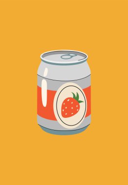 Retro çilek içeceği konsepti. Köpüklü meyve suyu ya da alüminyum teneke içinde soda. İçinde tatlı sıvı olan bir kap. Şablon, yerleşim ve modelleme. Çizgi film düz vektör çizimi pembe arkaplanda izole edildi