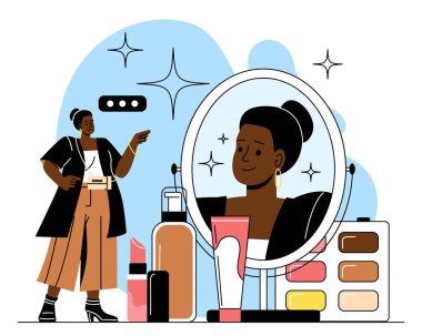 Makyaj sanatçısı kavramı. Kadın aynanın yanında duruyor ruj ve pudrayla, kozmetik ürünlerle. Cilt bakımı ve sağlık. Güzellik ve estetik, zarafet. Güzellik salonu çalışanı. Çizgi film düz vektör çizimi