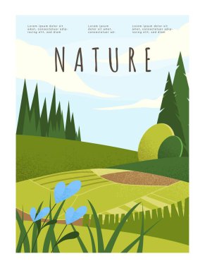 Nature landscape concept. Meadow with flowers near forest. Beautiful spring or summer panorama with trees and bushes. Template, layout and mock up. Cartoon flat vector illustration clipart