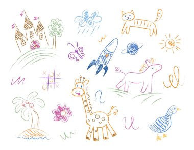 Bir dizi çocuk çizimi. Yaratıcılık ve sanat, kalem ya da tebeşirden eskiz. Roket, zürafa, kedi ve at. Palmiye ağacı, kale ve kelebek. Beyaz arkaplanda izole edilmiş doğrusal düz vektör koleksiyonu