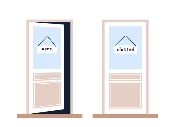 开门和关门的概念 在办公室或家里进出 去车库的门网站的邮筒或横幅 在白色背景上孤立的卡通平面矢量图解 — 图库矢量图片
