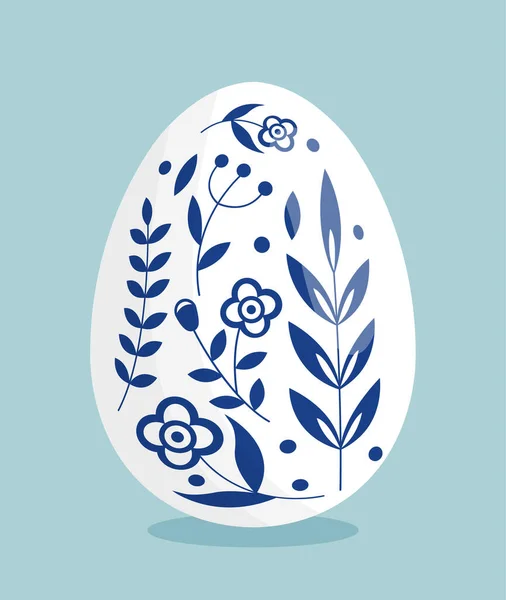 Koncepcja Pisanki Kwiaty Niebieski Wzór Lub Ozdoba Białym Jajku Tradycyjny — Wektor stockowy