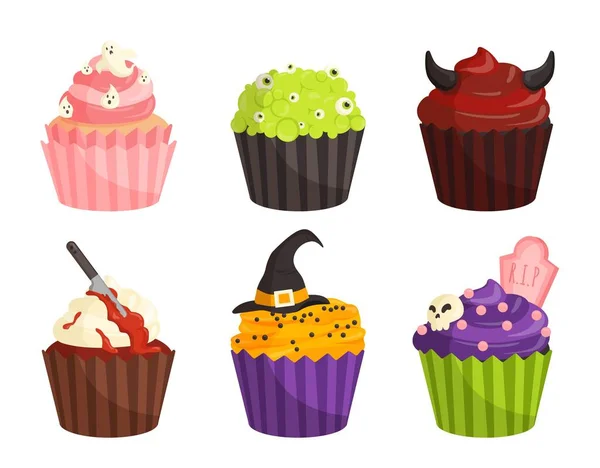 Cupcakes Halloween Prontos Sobremesa Delicadeza Produtos Padaria Farinha Férias Assustadoras —  Vetores de Stock