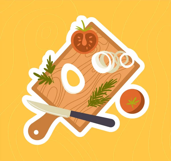 健康食品贴纸 鸡蛋和蔬菜上的刀 沙拉配料 维生素和微量元素 饮食和健康的生活方式 卡通平面矢量插图 — 图库矢量图片