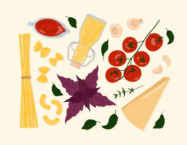 Ιταλικά Υλικά Ζυμαρικών Έτοιμα Τρόφιμα Για Μαγείρεμα Παραδοσιακά Ιταλικά Πιάτα — Διανυσματικό Αρχείο