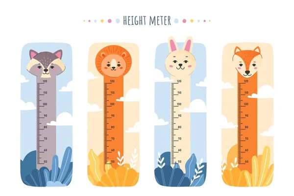 Kids Height Charts Set Measurement Height Children Tiger Rabbit Raccoon — Stock Vector
