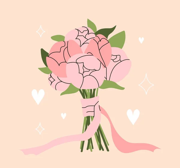 Concept Bouquet Mariage Fleurs Roses Ruban Esthétique Élégance Invitation Conception — Image vectorielle