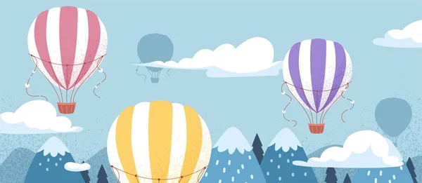 Air Ballons Sky Multicolored Aircraft Snowcapped Mountains Travel Adventure Imagination — Stock Vector