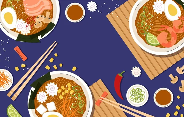 Ramen Top View Konsepti Geleneksel Asya Kore Mutfağı Etli Erişte — Stok Vektör