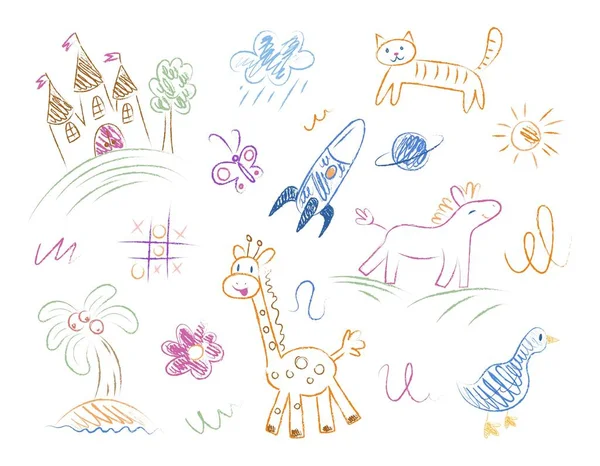 Set Childrens Drawings Creativity Art Sketch Pencils Chalk Rocket Giraffe — Stock Vector