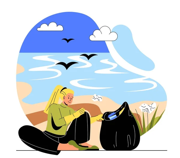 垃圾自由海的概念 戴黄色橡胶手套的女人在袋子里捡垃圾 爱护环境 零浪费生活方式 志愿者和积极分子 Doodle平面矢量插图 — 图库矢量图片